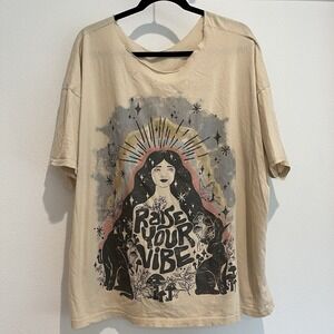 Women's Graphic Tshirt Bohemian Meditation Vibe Oversized Shirt Sz Xl Cream